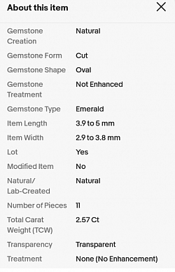 • Specifications for Zambian Emerald (above).