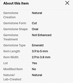 • Specifications for Zambian Emerald (above).